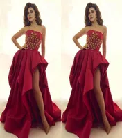 Myriam treedt op Pageant avondjurken Strapless kralen Appliques Split Side Red Carpet Dresses Party Evening Plus Maat formeel prom G8229758