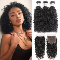 Brasilianska Jerry 3bunds med 4x4Closure Blend Hair Raw Curly Human Hair Bundles 30 32 34 36 38 Inch Weave Pieces