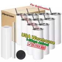 USA warehouse Straight 20oz Sublimation Tumbler Mugs Blank 100% 304 Stainless Steel Tumblers Cups Vacuum Insulated 600ml Coffee Mugs White 25pcs/box T1129