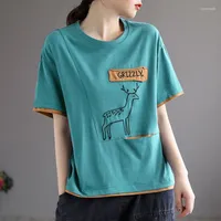 Women's T Shirts Women's Cotton Short-Sleeved T-shirt Summer 2022 Pocket Embroidered Patch Loose All-Match Top