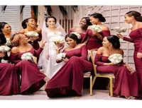 Latest Burgundy Bridesmaid Dresses Off The Shoulder Long Sleeve Mermaid Sweep Train Formal Wedding Party Dresses Maid of Honor2528622
