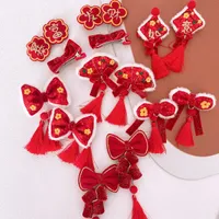 1 par de estilo chino A￱o Nuevo bordado festivo bordado Bowknot Tassel Ca￱as para ni￱os Fashion Sweet Girl Kids Hair Accesorios