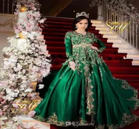 New Emerald Green Muslim Evening Dresses with Long Sleeve Luxury Sparkly Gold Lace Detail Moroccan Princesses Romeo Plus Size Prom7097093