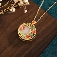 Chains Natural Hetian Jade Round Enamel Flower Necklace Pendant Ancient Gold Craft Vintage Retro Style Cheongsam Jewelry Accessories