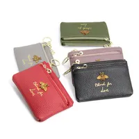 New fashion luxury designer cute lovely 3d bee cowhide genuine leather small short mini zipper woman wallet with key ring2972