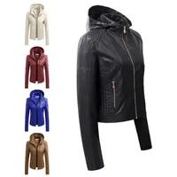 Autumn Winter Women's Leather Jacket Pu Coat Women Fashion Hooded Collar Velvet Keep Warm Short S-XL