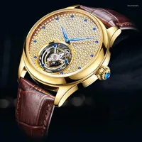 Wristwatches Real Tourbillon Movement Mechanical Watch Men Luxury Skeleton No Logo Full Crystal Gold Man Watches Relogio Masculino