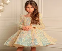 Gold Girls Pageant Dresses Sequined Toddler Ball Gowns Jewel Long Sleeves Formal Kids Party Christmas Gown Flower Girl Dresses for8561231