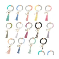 Keychains Lanyards 12 Colors Sile Beads Tassel Bead String Bracelet Keychain Food Grade Leopard Wooden Bracelets For Women Girl Ke Dhjey