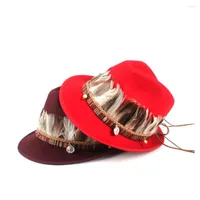 Berets Classical Men Women Wool Fedora Hat With Feather For Lady Queen Autumn Winter Homburg Fascinator Size 58CM