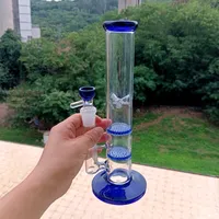 Straight Glass Hookahs Blue Dab Rig with Double Honeycomb Perc 18mm Female Smoking Pipes Shisha