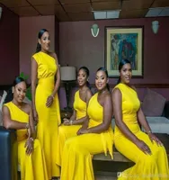 2022 Yellow One Shoulder Mermaid Bridesmaid Dresses African Satin Prom Party Dress With Sash Pleats Long Formal Wedding Guest Gown1377136