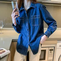 Camicette da donna tascabile in jeans primavera autunno femminile femminile venage a maniche lunghe abiti di moda camicetta 2022 d0607