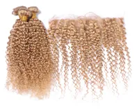 Honigblonde Brasilianisch Kinky Curly Human Hair Webs mit Spitze Frontalverschluss 27 Erdbeerblonde 13x4 Voller Spitze Frontal mit 39697908