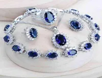 Srebrne 925 Kobiety Zestawy biżuterii ślubnej Niebieskie Cyrronia Costume Fine Jewellery Naszyjnik Pierścienie Pierścienie Bracelety Zestaw 222567750