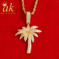 Chains Aokaishen Palm Tree Necklace For Men Iced Out Pendant Bling Real Gold Plated Hip Hop Fashion Jewelry