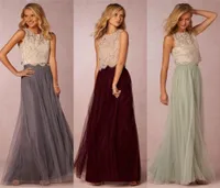 2020 Vintage Two Pieces Tulle Bridesmaid Dresses Lace Crop Top Ruched Floor Length Blush Mint Grey Burgundy Prom Party Gowns Custo4473196