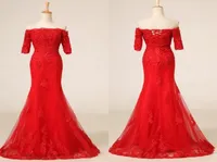 Prachtige rode jurk uit schouder halve mouw Chinese prom feestjurken cheongsam sweep trein kant en tule met appliques9413720