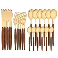 Servis uppsättningar 6Peoplr Gold rostfritt stål bestick trähandtag vintage bordsartiklar sked gaffel kniv för hemköket plattvaruuppsättning