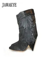 Jawakye siyah gri püskül ayak bileği botları kadınlar için yüksek topuk botları süet sonbahar kış saçaklı botas mujer kama ayakkabıları kadın 209958342