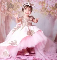 2020 Cheap Pink Girls Pageant Dresses Cap Sleeves Lace Crystal Beaded High Low Flower Girl Dresses Kids Wear Birthday Party Commun8410230