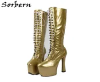 Sorbern للجنسين Midcalf 20cm سوبر عالية الكعب 9cm منصة أحذية النساء مثير صنم الخناجر crosstied الركبة الجلود kneehigh 4097473