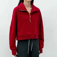 요가 의상 LU-99 여성 피트니스 후드 런닝 재킷 레이디스 스포츠 하프 지퍼 스웨트 셔츠 두꺼운 느슨한 짧은 스타일 코트 양털 썸 홀 스포츠웨어