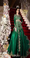 New Emerald Green Muslim Evening Dresses with Long Sleeve Luxury Sparkly Gold Lace Detail Moroccan Princesses Romeo Plus Size Prom6645626