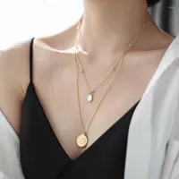 Pendant Necklaces YUN RUO Fashion Cat Eyes Opal Coin Double Chain Predant Necklace Rose Gold Titanium Steel Jewelry Woman Gift Not Change