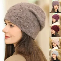 Berets Women Wool Knitted Hats Pearl Beanie Hat Headgear Solid Color Skull Cap Autumn Winter Female Bonnet Fashion Chapeau