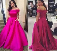 Fuchsia Satin A Line Prom Dresses Off Shoulder Sweep Train Celebrity Party Dress Long Evening Gown 20192860744