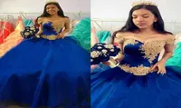 Royal Blue With Gold Lace Prom Pageant Dresses Ball Gown For Sweet 16 Girls Off Shoulder Organza Laceup Quinceanera Dress Vestido2168320