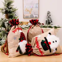 DHL Antlers Snowman Gnome Dolls Embroidery Christmas Candy Gift Bag Burlap Linen Buffalo Plaid Christmas Drawstring Sack FY5514