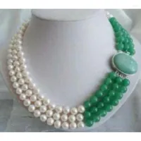 Łańcuchy 3 rzędy biżuterii 7-8 mm prawdziwy biały słodkowodna perła naturalny zielony naszyjnik Jade