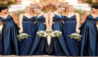 Simple New Navy blue Bridesmaid Dresses long 2020 ALine Satin Spaghetti straps Wedding Party Dress For Bridesmaid group dress6481301