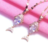 Chains 585 Purple Gold Plated 14K Rose Fashion Shiny Crystal Goldfish Pendant Ladies Necklace Elegant Charm Wedding Jewelry