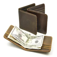 Gerçek orijinal çılgın at deri erkek cüzdan metal para klip kısa bifold cüzdan260k