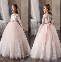 Blush Flower Girls Dresses with 34 Long Sleeves and Beaded Belt Pentelei Princess Lace Tulle First Communion Gowns for Little Gir9971760