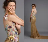 Sparkly Sequined Evening Dresses Hamda Al Fahim Sheer Jewel Neck Floral Appliqued Prom Gowns Sweep Train Keyhole Back Evening Dres2038808