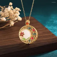 Chains Natural Hetian Jade Round Enamel Flower Necklace Pendant Ancient Gold Craft Vintage Retro Style Cheongsam Jewelry Accessories
