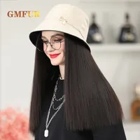 Wide Brim Hats Bucket Wig Integrated Fashion Long Straight Hair Synthetic Heat Resistant Fiber Women Sun 221128