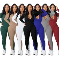 Женщины -комбинезоны дизайнер вязаная ребра Bodycon Fitness Playcuit Sportswear с длинным рукавом на молнии, вышивающие вышивки 7 цветов