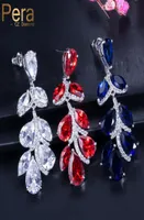Dangle Chandelier Pera 3 Color Red Cubic Zirconia Crystal Long Leaf Shape Hanging Drop Bridal Earrings For Wedding Women Jewelry7578257