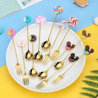 Dinnerware Sets Creative Cartoon Donut Lollipop Stainless Steel Tableware Coffee Spoon Ice Cream Cake Fruit Fork Cute Dessert Spoons