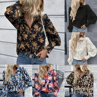 Kvinnors blusar 2022 Autumn and Winter Print Explosion Style Puff Sleeve Leopard Blus Top