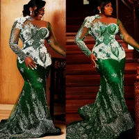 2022 Arabisch Aso Ebi Mermaid Green Prom Dresses Pearls Lace kralen avond formeel feest tweede receptie verjaardag verlovingsjurken jurk zj788