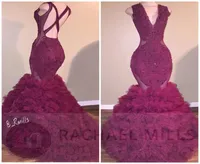 2018 Wine Red New Mermaid Corset Prom Dressesセクシーな深いVneckアプリケーションRuffle Skirt Tiered Laceup Party Reception Evening Pagea6287187