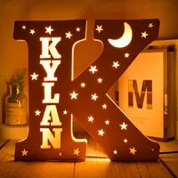 Decorative Objects Figurines Personalized Wall Decor LED Night Light 24 Letter With Name Sign Light for Couples Baby Room Bedroom Custom Wooden Lamp Engraved 221129