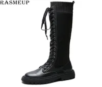 Rasmeup Leather Kintted Elastic Women039s Knee High Boots 2020 Women Platform Avvolgimento Long Up Lady Chunky Shoes Plus SI2994225