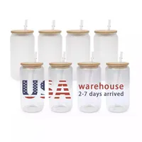USA Warehouse de 16 oz de sublimación Tazas de cerveza de cervezas con tapas de bambú y tumblers de paja en blanco de bricolaje latas de transferencia de calor tazas de café helado jarras de whisky t1129